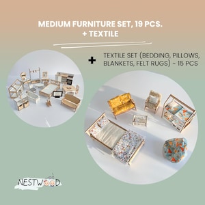 The image is a collage of two images. The top image shows a set of furniture pieces, including a dresser, a bed, and a chair. The bottom image depicts a set of textiles, including a blanket, a pillow, and a rug. The text in the image provides information about the furniture set and textiles, including the number of items in each set and the total number of items in the set.