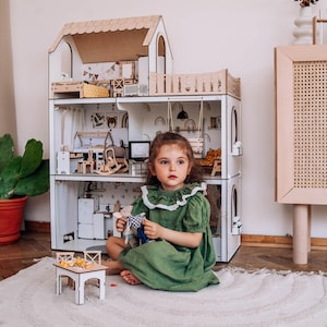 Wooden Dolls House, Dollhouse for girls, Pink Dollhouse, Gift for little girls, Dollhouse Kit, Dolls House with Furnitures, Large Dollhouse