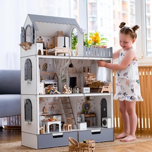 Large dollhouse with porch. Dollhouse diorama for dolls scale 1/6. Dollhouse with miniature porch. Tiny porch miniature house.