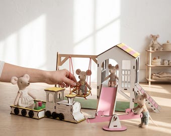 Eko trälekplatsset med dockor - Rutschkana, Gungor, Sandlåda