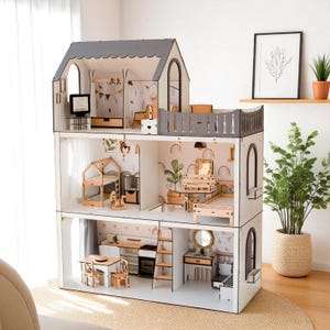 Beige Dollhouse Mini Playhouse with Furniture Set - 5-Room Creative Gift for Kids Perfect for Imaginative Play