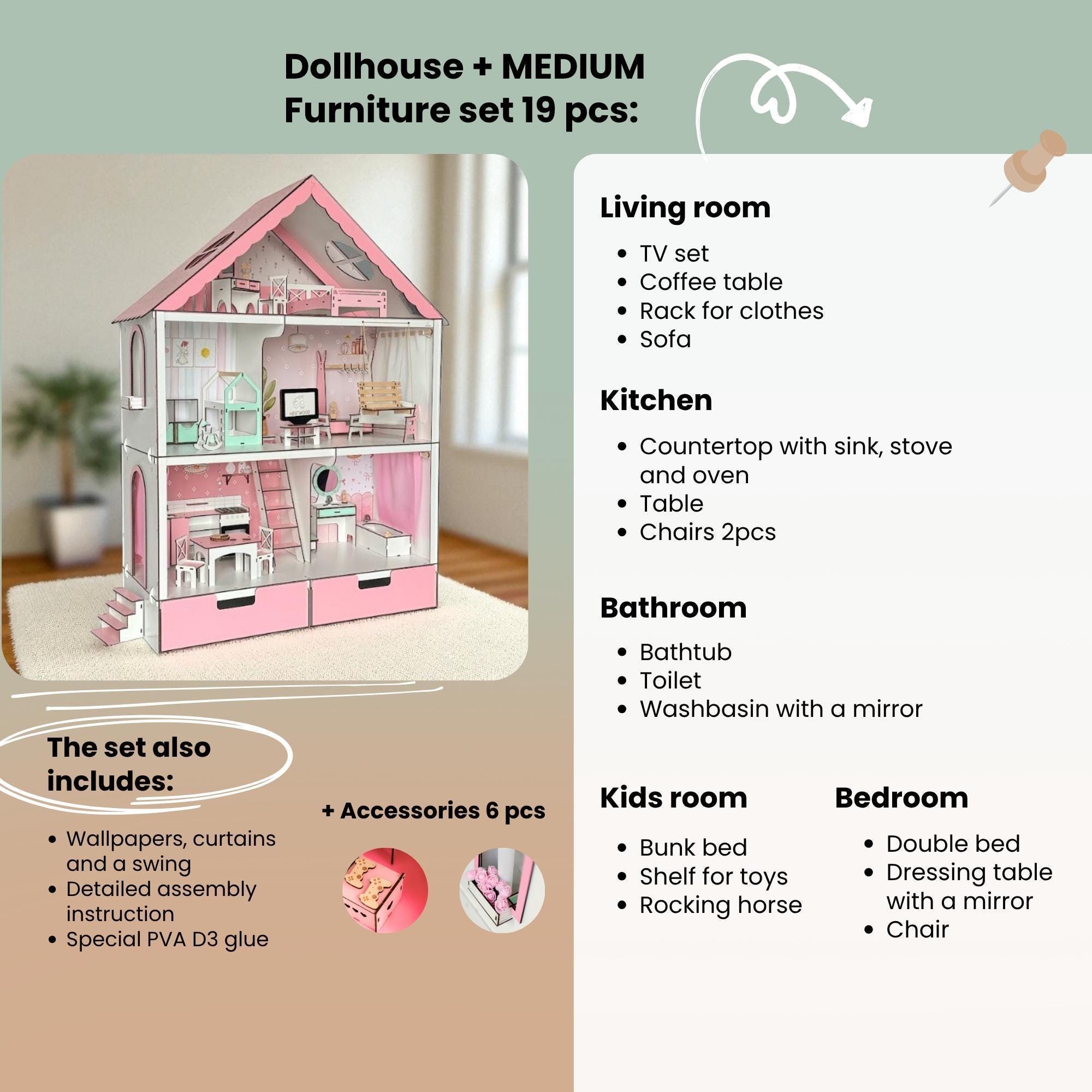 House Dolls House with box - Wooden Dollhouse for Kids with Furnitures ...