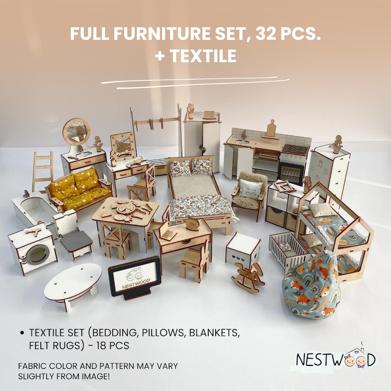 The image is a collage of various miniature furniture and textile items, including a full furniture set, textiles, and a textured fabric set. The text in the image provides information about the items, such as the number of items in the set, the type of items, and the type of textile. The text also mentions the possibility of varying fabric color and pattern.