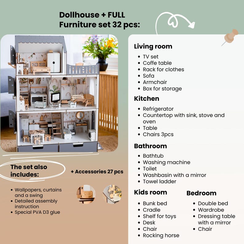 the dollhouse is full of furniture set 32 pcs