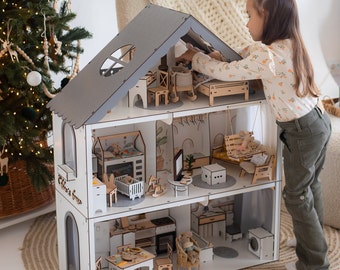 Bezauberndes Puppenhaus aus Holz mit Leiter und Dachboden – Einzigartiges Weihnachtsgeschenk für Mädchen