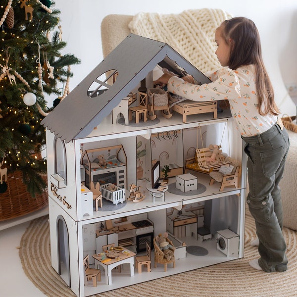 Enchanting Wooden Dollhouse with Ladder and Loft - Unique Christmas Gift for Girls