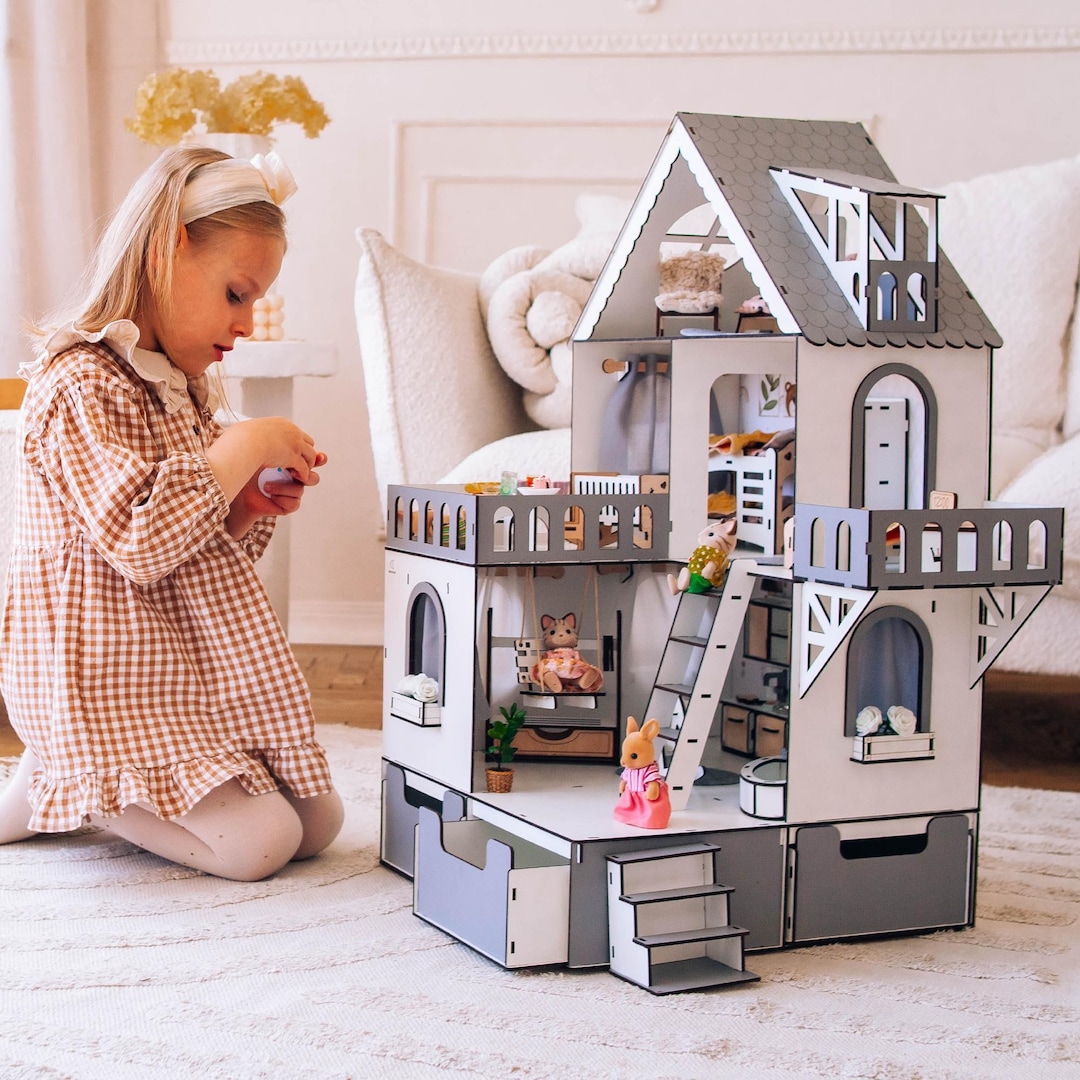 Mini Cottage Dollhouse – Charming 3-story Wooden Playhouse for