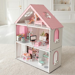 Wooden Pink Mini House Dolls House - Wooden Dollhouse for Kids with Furnitures - Perfect Tiny Wood Playhouse for Girls