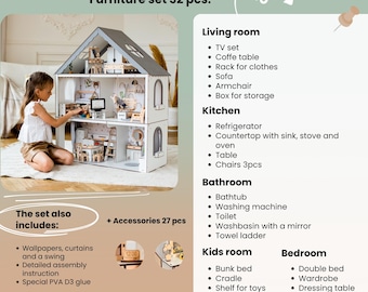 Large Wooden White Dollhouse With Loft, Swing and Balcony, Lovely