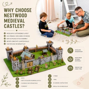 Może przedstawiać: Zestaw puzzli 3D Nestwood Medieval Castle z modułowym układem. Zamek jest szary i brązowy z zielonymi akcentami, z wieżami, murami i zwodzonym mostem. Obraz zawiera tekst "WHY CHOOSE NESTWOOD MEDIEVAL CASTLES?"