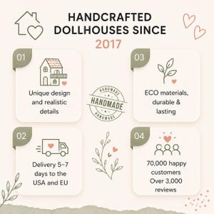 Może przedstawiać: Obraz promocyjny ręcznie robionych domk&oacute;w dla lalek od 2017 roku. Obraz przedstawia unikalne projekty, ekologiczne materiały i zadowolenie klient&oacute;w. Tekst zawiera "Unique design and realistic details" i "70,000 happy customers".