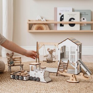 Mint Dollhouse Accessories – Wooden Slide & Mini Furniture Set for Dolls