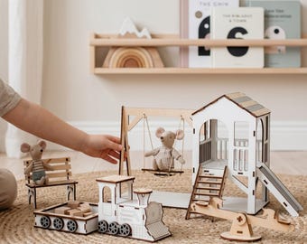 Mint Dollhouse Accessories – Wooden Slide & Mini Furniture Set for Dolls