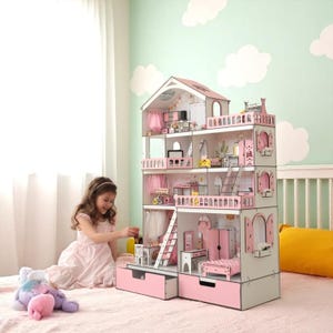 Pink Dollhouse for Dolls |Mansion with 5 Rooms, Elevator, and Swing