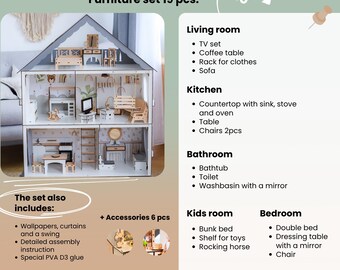 Large Wooden White Dollhouse with Loft, Swing and Balcony, Lovely Playhouse  with Stairs and Ladder