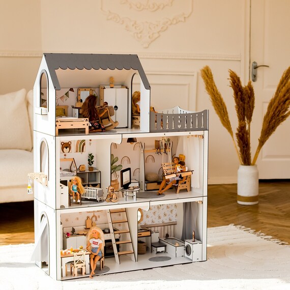 Handcrafted Doll House Cottage W 32 Pieces of Furniture Wooden Peg Dolls House Painted Dollhouse Doll Furniture Etsy