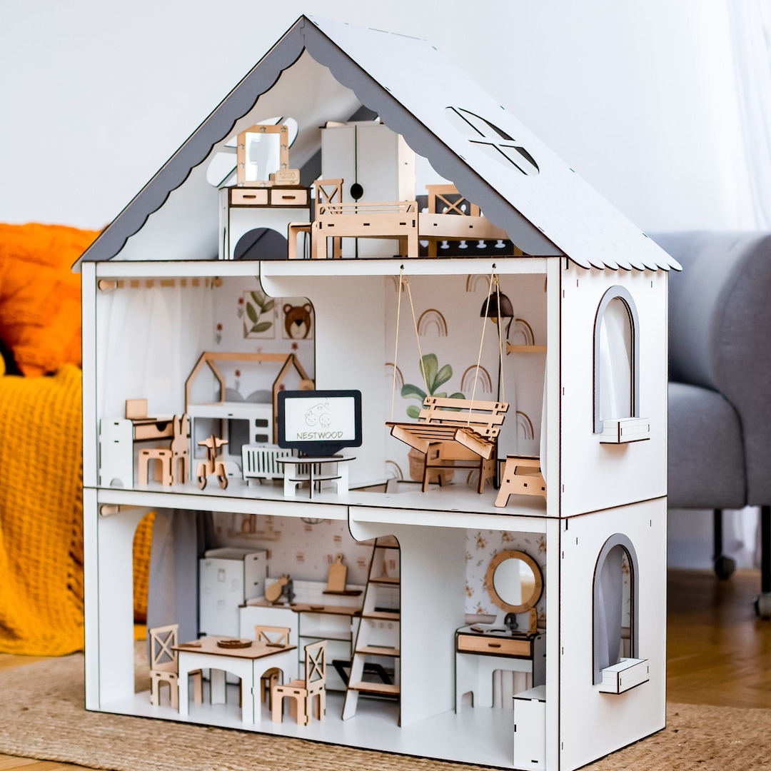 Customizable Wooden Dolls House for Kids With Furnitures, Tiny Wood ...