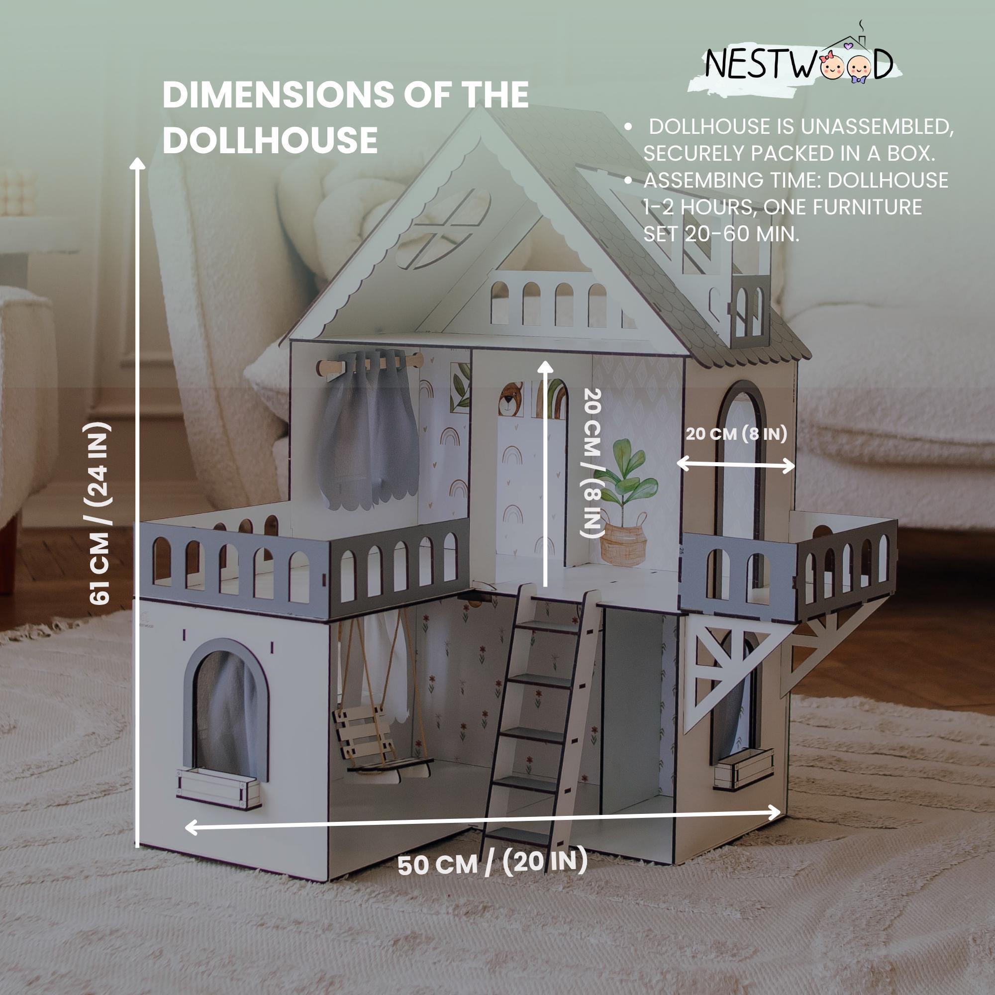 北欧風木製ドールハウス：ホワイト＆グレーのミニコテージスタイル