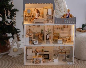 Casa de muñecas Montessori personalizada con muebles - Casa de madera a medida para niños - Casa de juguetes moderna para niñas