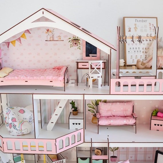 Pink Dollhouse for Dolls |mansion With 5 Rooms, Elevator, and