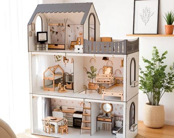 CASA DE MUÑECAS BEIGE - Mini casa de juegos Montessori con muebles - Regalo de 5 habitaciones