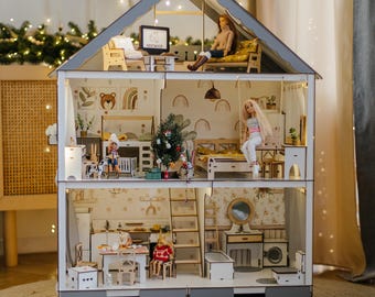 木製ドールハウス：家具付き5部屋セット クリスマスプレゼント