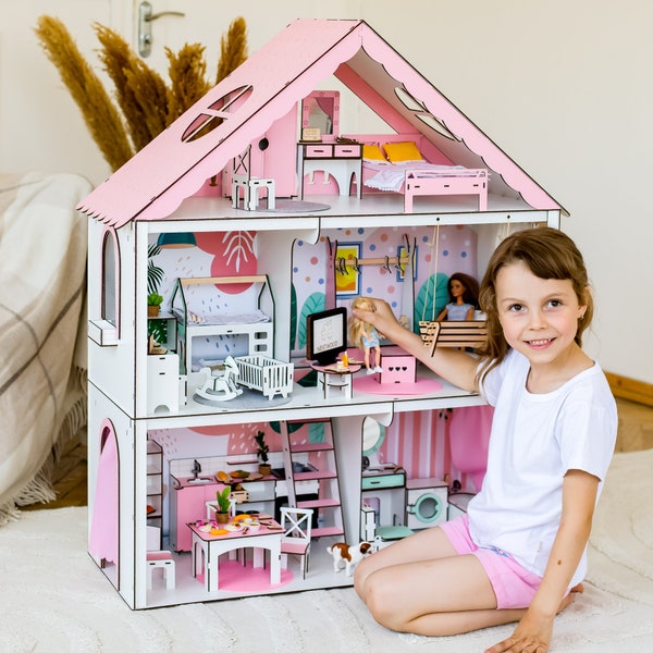 Wooden Pink Mini House Dolls House - Wooden Dollhouse for Kids with Furnitures - Perfect Tiny Wood Playhouse for Girls