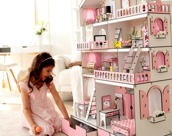 Pink Wooden Dollhouse Mansion: Four Floors, Five Rooms, Elevator