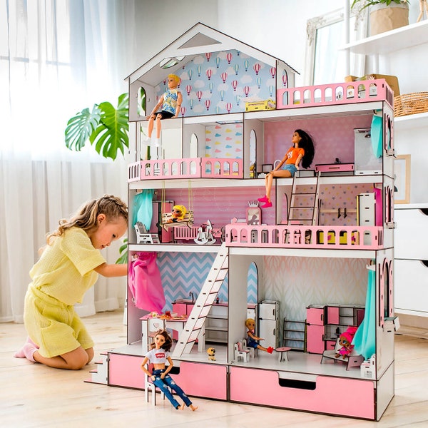 Wooden Dollhouse, Pink Wooden Dollhouse, Furniture Wooden Dollhouse, Doll House, Wooden Dollhouse Kithcen, Cute Dollhouse, Dollhouse Kit