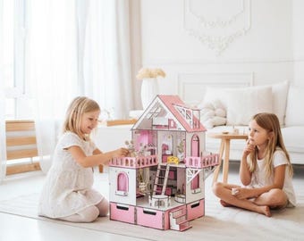 Wooden Dollhouse for Maileg Mice or Dolls Up to 6in - 3 Stories with Balcony