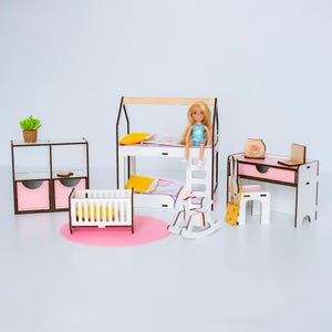 Charming Pink Dollhouse Furniture Set , Perfect for Miniature Children&#39;s Rooms, Wooden Dollhouse Furniture Set