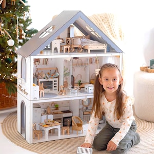 Whimsical Large Wooden Dollhouse With Loft and Swing