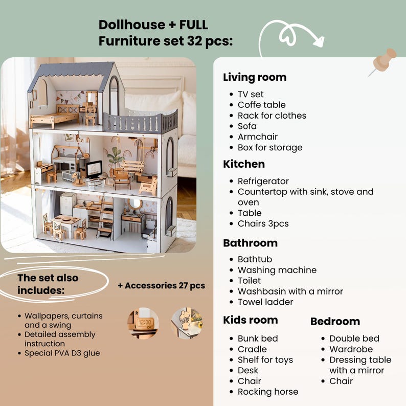 a dollhouse with furniture set 32 pcs