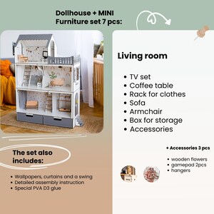 The image is a collage of two images: a dollhouse and a living room set. The dollhouse set includes a TV, coffee table, rack for clothes, sofa, armchair, and a box for storage. The living room set includes a TV set, coffee table, gamepad, hangers, and accessories.