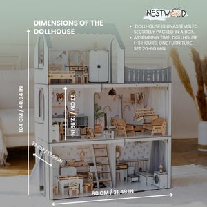 The image is a detailed diagram of a dollhouse, showing the dimensions and various components of the dollhouse.