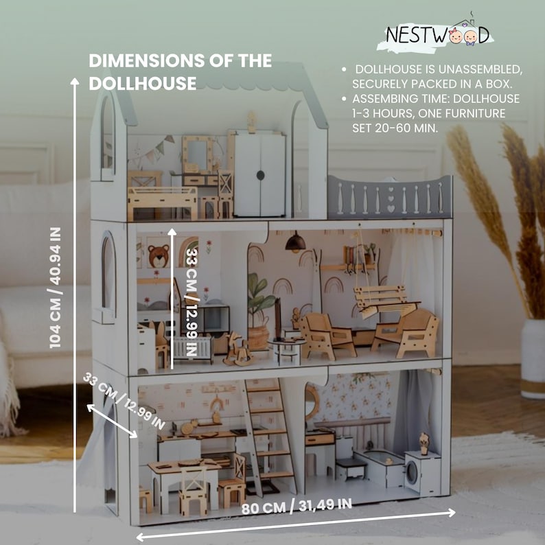 The image is a detailed diagram of a dollhouse, showing the dimensions and various components of the dollhouse.