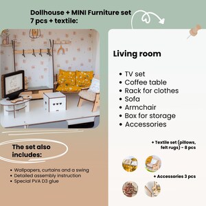 The image is a collage of various furniture items, including a dollhouse, a TV set, a coffee table, a rack for clothes, a sofa, an armchair, a box for storage, and accessories. The set also includes a set of pillows, felt rugs, and a special PVA D3 glue.