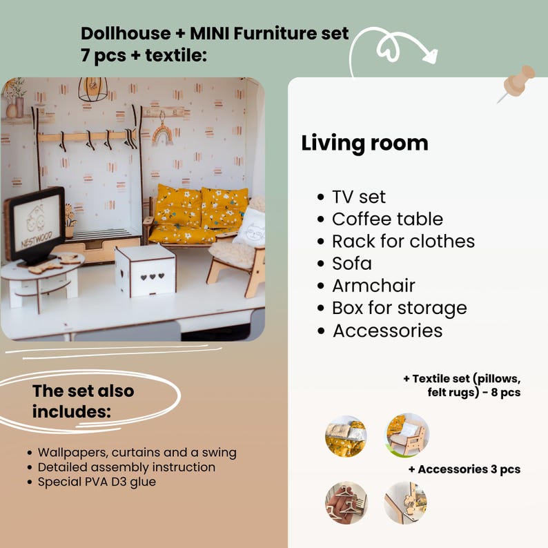 The image is a collage of various furniture items, including a dollhouse, a TV set, a coffee table, a rack for clothes, a sofa, an armchair, a box for storage, and accessories. The set also includes a set of pillows, felt rugs, and a special PVA D3 glue.
