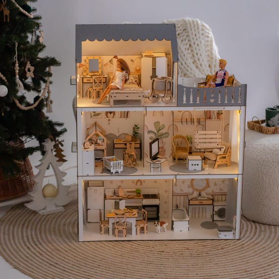 Personalized Montessori Dollhouse with Furniture - Custom Wooden House for Kids - Modern Toy House for Girls