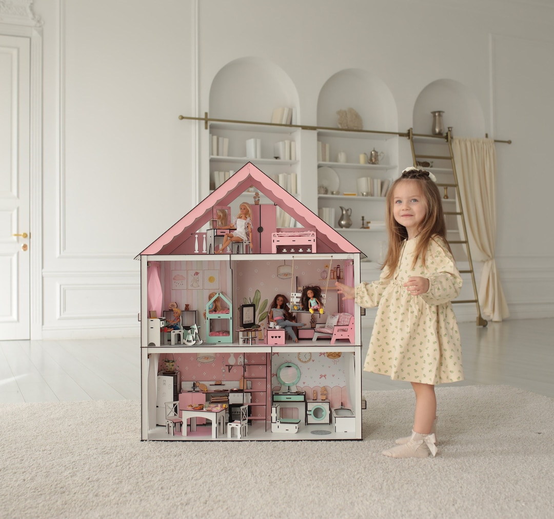 Handmade Wooden Dollhouse for Big Dolls Pink Dollhouse With Furniture — free download