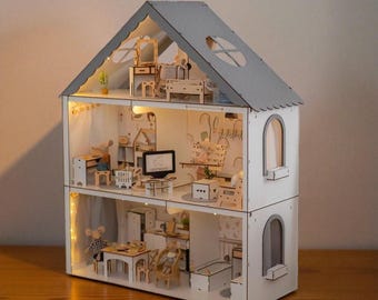 Casa de muñecas de madera para niños, estilo Gabby, casa de muñecas grande con muebles, juguete Montessori, regalo para niñas de 3 a 7 años.