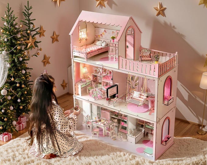 Handmade PINK Wooden Dollhouse - House of Nice | Perfect Christmas Gift for Kids - Educational Toy with Furniture & Textiles