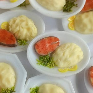 Mini salmon steak set 3, 5, 10, mini mashed potatoes, dollhouse miniatures, doll food salmon steak potatoes, realistic fake food