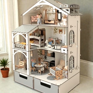 Maileg Dollhouse Wooden Toy - 3 Stories with Swing and Elevator