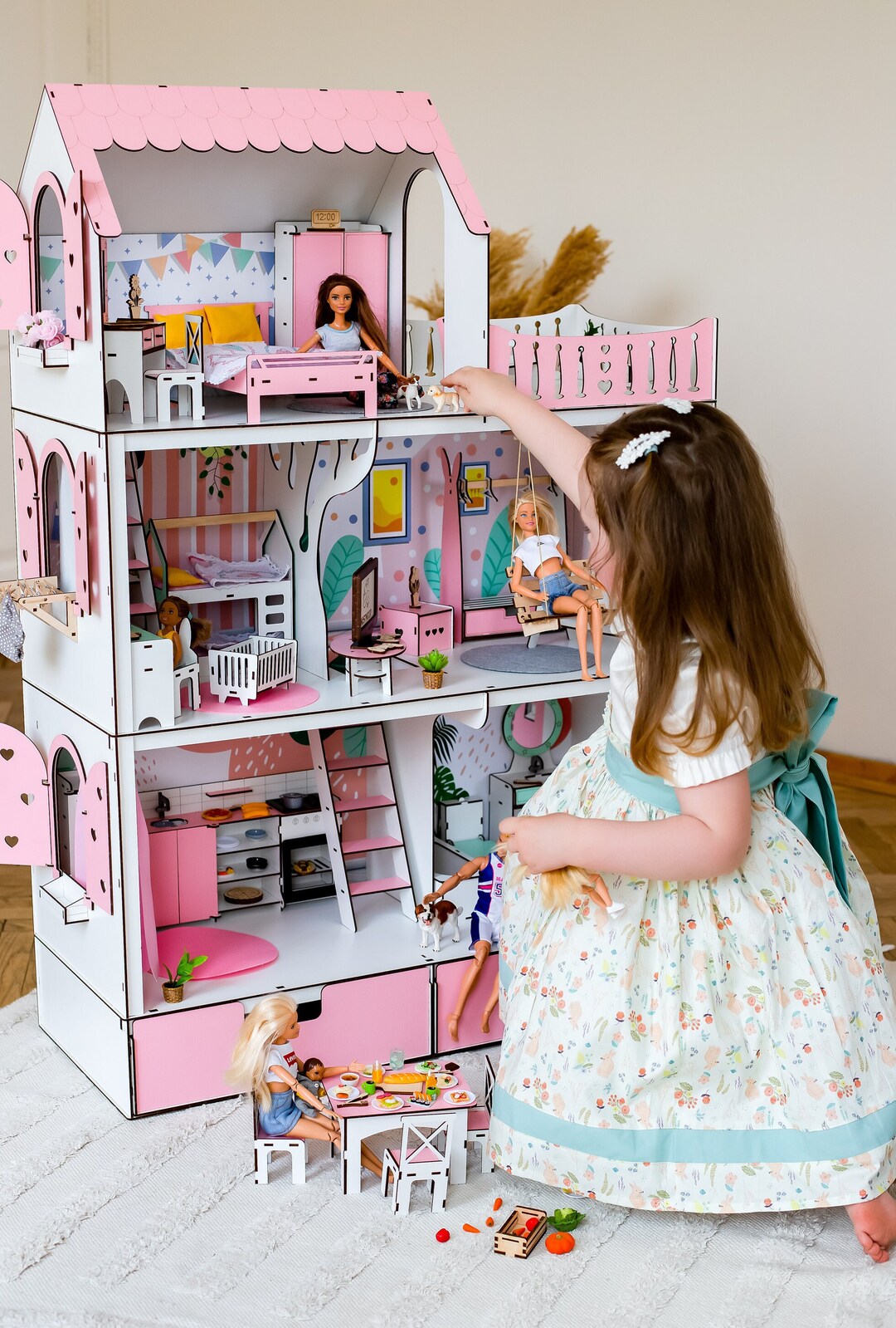 Large Wooden Pink Tiny Doll House for Girls Complete With Furnitures ...