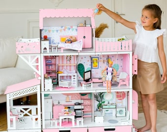 Dollhouse Kit, Pink Wooden Dollhouse, Large Dollhouse, Modern Doll