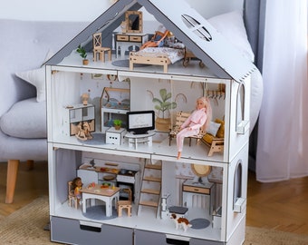 Wooden Dollhouse / Modern dollhouse / Big dollhouse / Furniture