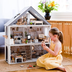 Charming White Dollhouse - Ideal Playhouse for Imaginative Play with Balcony  Stairs
