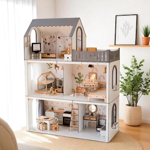BEIGE DOLLHOUSE - Montessori Mini Playhouse with Furniture - 5-Room Gift