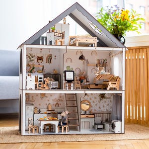 Wooden Dollhouse with furnitures / Modern dollhouse, Premium Quality